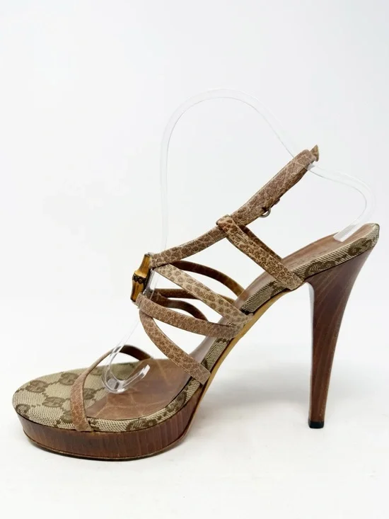 Gucci Bamboo GG Canvas Platform Sandals Heels Womens Size EU 38.5 - Picture 7 of 12